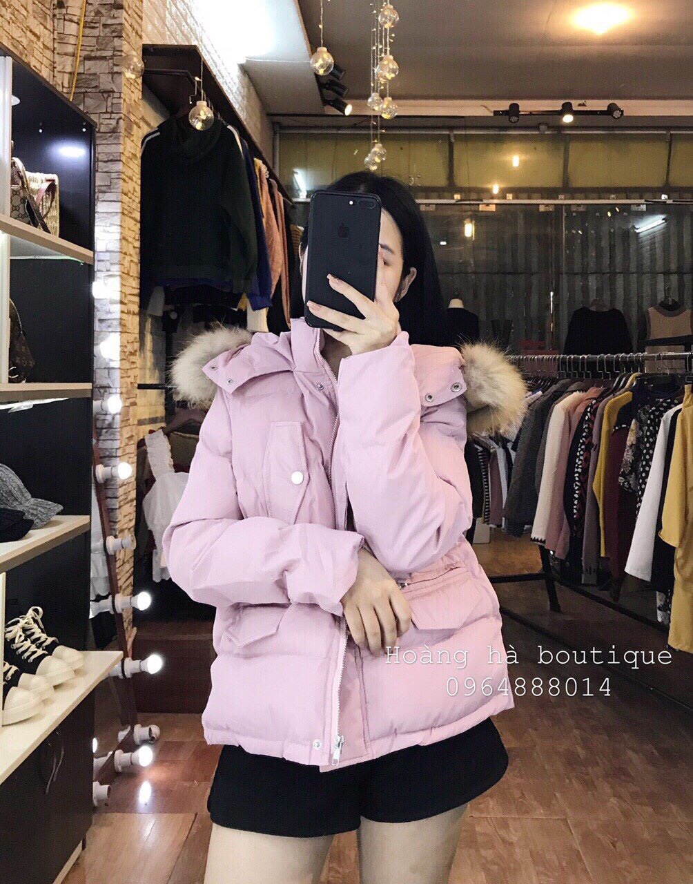Áo Phao Nữ Có Mũ Lông Chồn