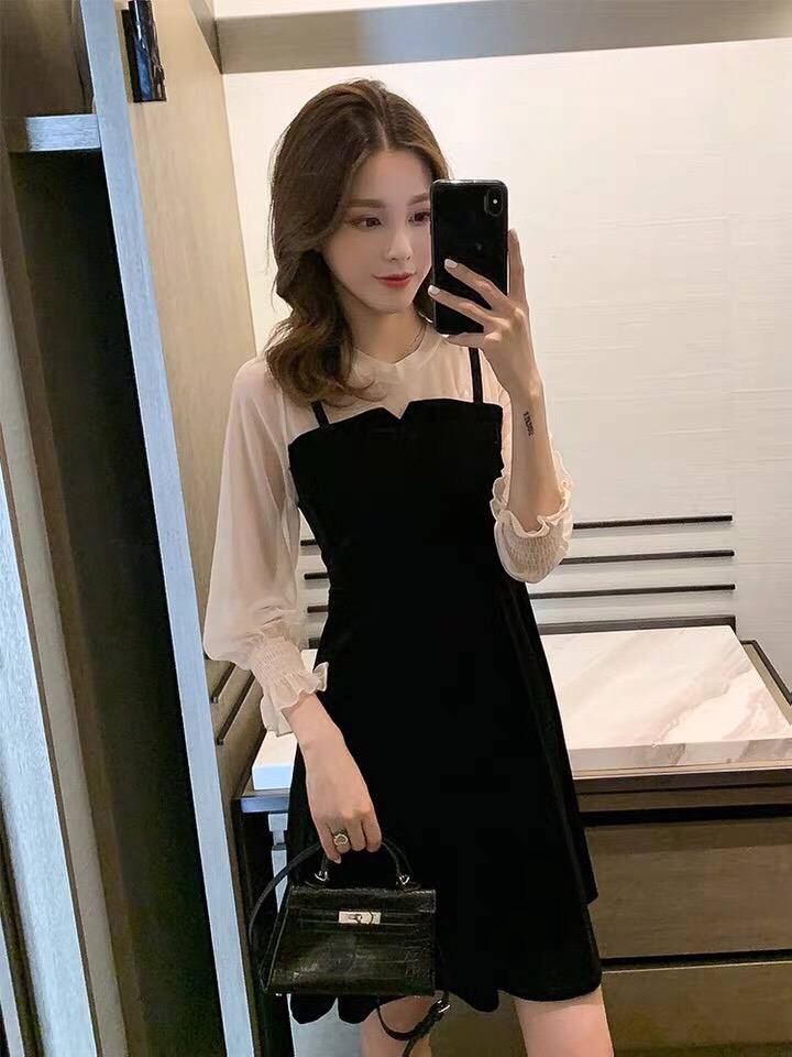 Váy Nhung Xẻ Phối Đen Trắng  - T2/PB.K2b