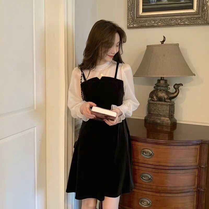 Váy Nhung Xẻ Phối Đen Trắng  - T2/PB.K2b