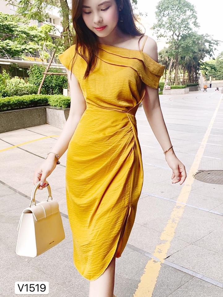 Đầm chữ A tay lỡ thiết kế dễ thương màu vàng | Đầm xòe đẹp