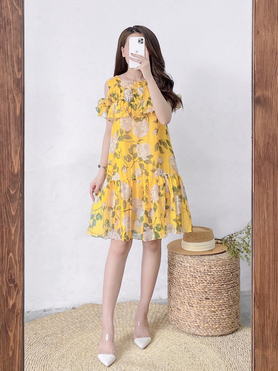 Mua Váy Hoa Nhí váy hoa dáng xòe màu vàng cổ vuông đính khuy tay phồng đủ  4 size S M L XL e1058  Tiki