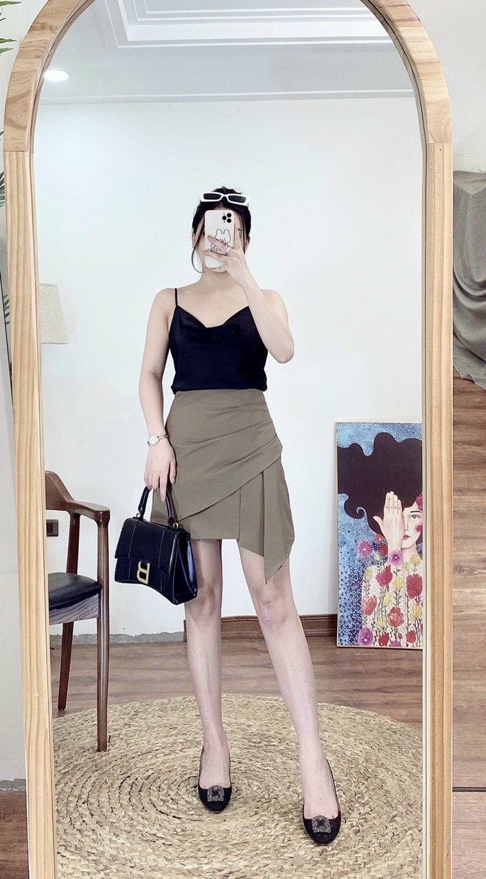 Quần short giả váy vạt chéo phối 3 cúc,váy chữ A cạp lưng cao xếp lệch ,  Dáng ngắn cá tính | Shopee Việt Nam