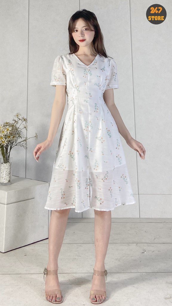 Đầm maxi voan trắng in hoa tay dài - Bán sỉ thời trang mỹ phẩm