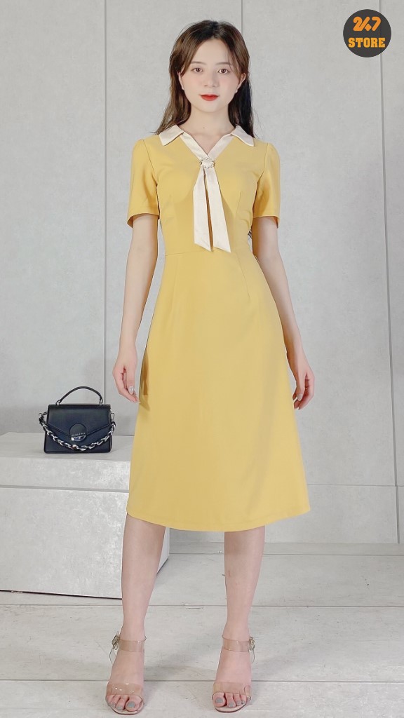 Đầm xòe tay phồng màu vàng vải kaki sợi mịn - Bán sỉ thời trang mỹ phẩm