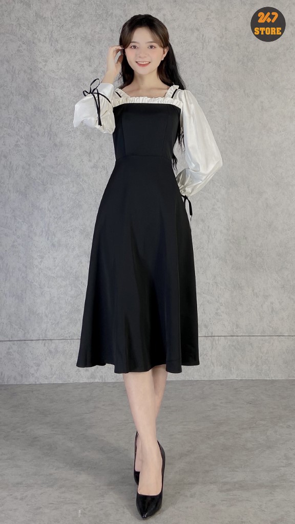 Váy đen cổ vuông tay trắng nơ V87 - P0/K38