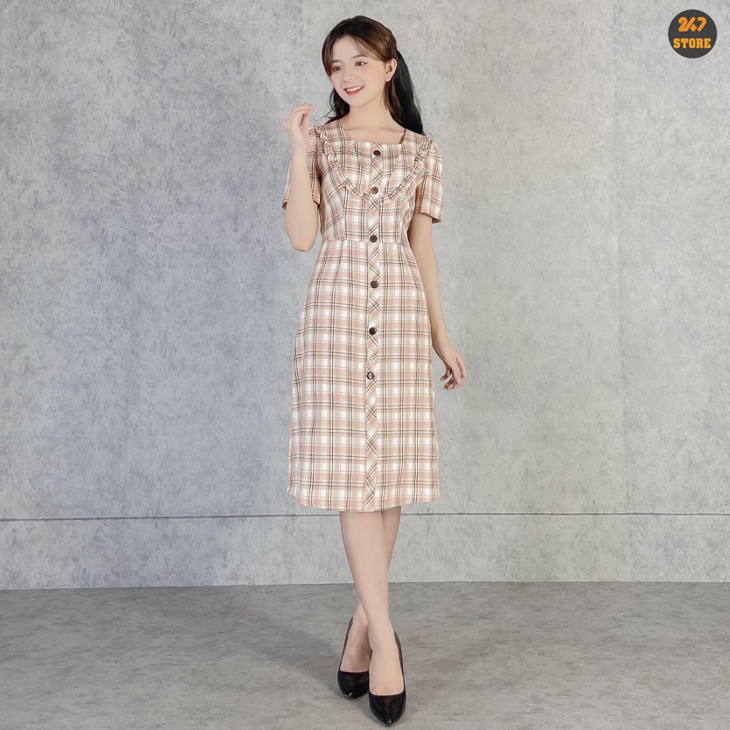 Đầm caro công sở cổ vuông dáng xòe KK150-35 | Thời trang công sở K&K Fashion