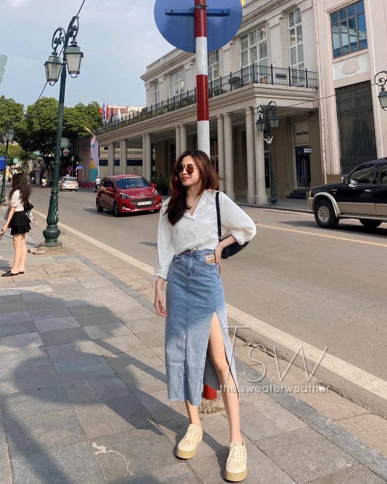 Chân váy jean SUXI chữ A lưng cao xẻ tà thời trang mùa hè cho nữ  Shopee  Việt Nam