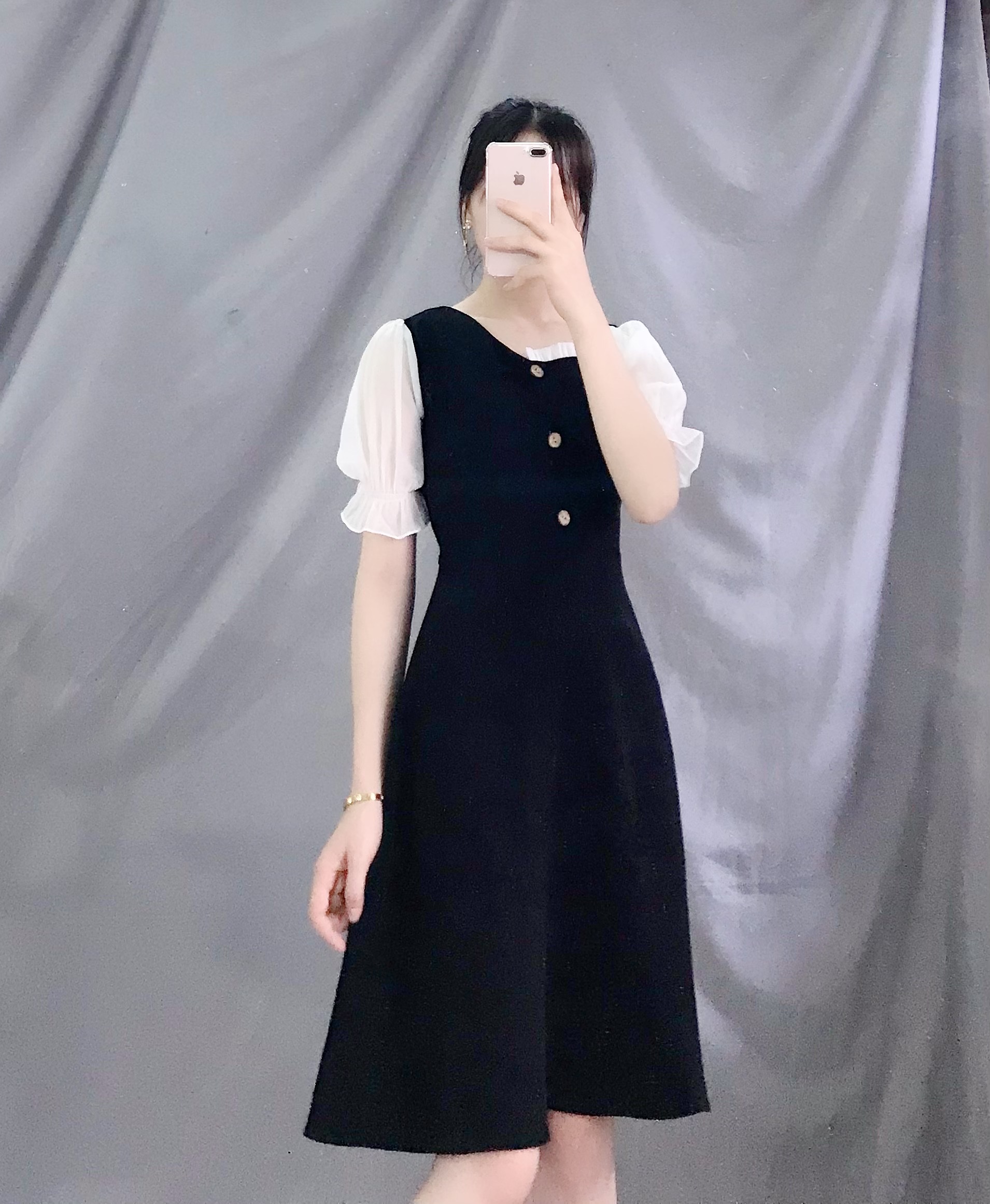 Váy Chữ A Cổ  Lệch Cúc Gỗ Tay Chun - P1/K8