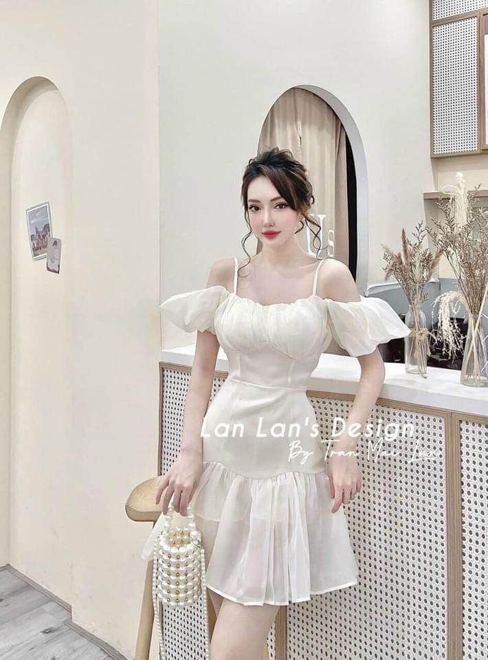 Váy Trễ Vai Xốp Hoa, Đầm Trắng Đen Tay Bồng Xinh Xắn - Váy Fashion