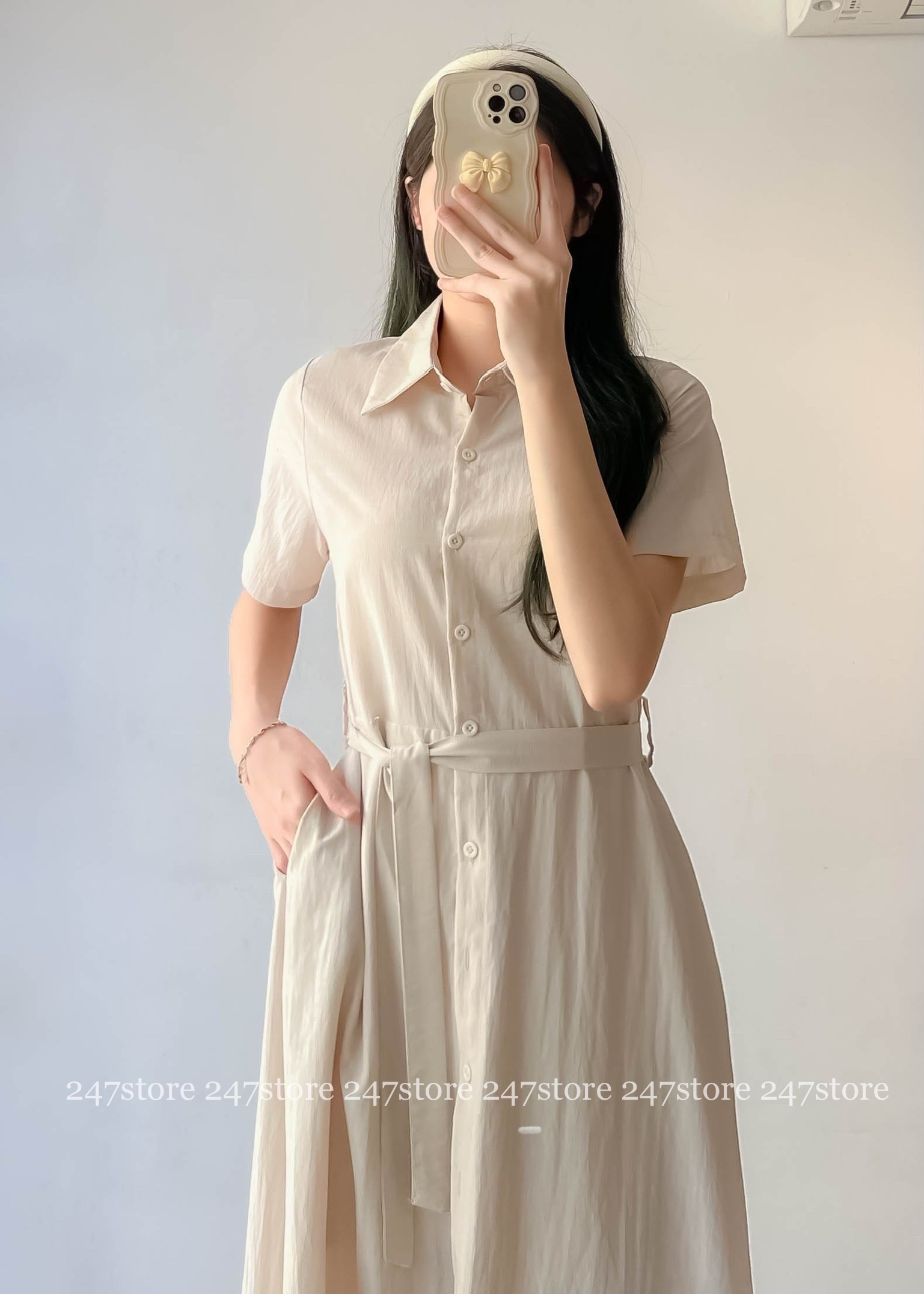 Váy sơ mi cổ bẻ dáng dài cộc tay kèm đai thắt eo nhẹ nhàng thanh lịch - 247Store.vn - Vaysomi3029