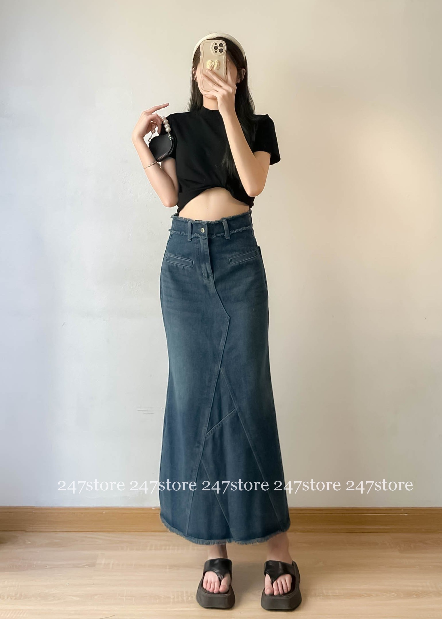 Chân váy Jean dáng dài chữ A cạp cao xẻ trước vát chéo phong cách Ulzzang  Hàn Quốc CV01 - MixASale
