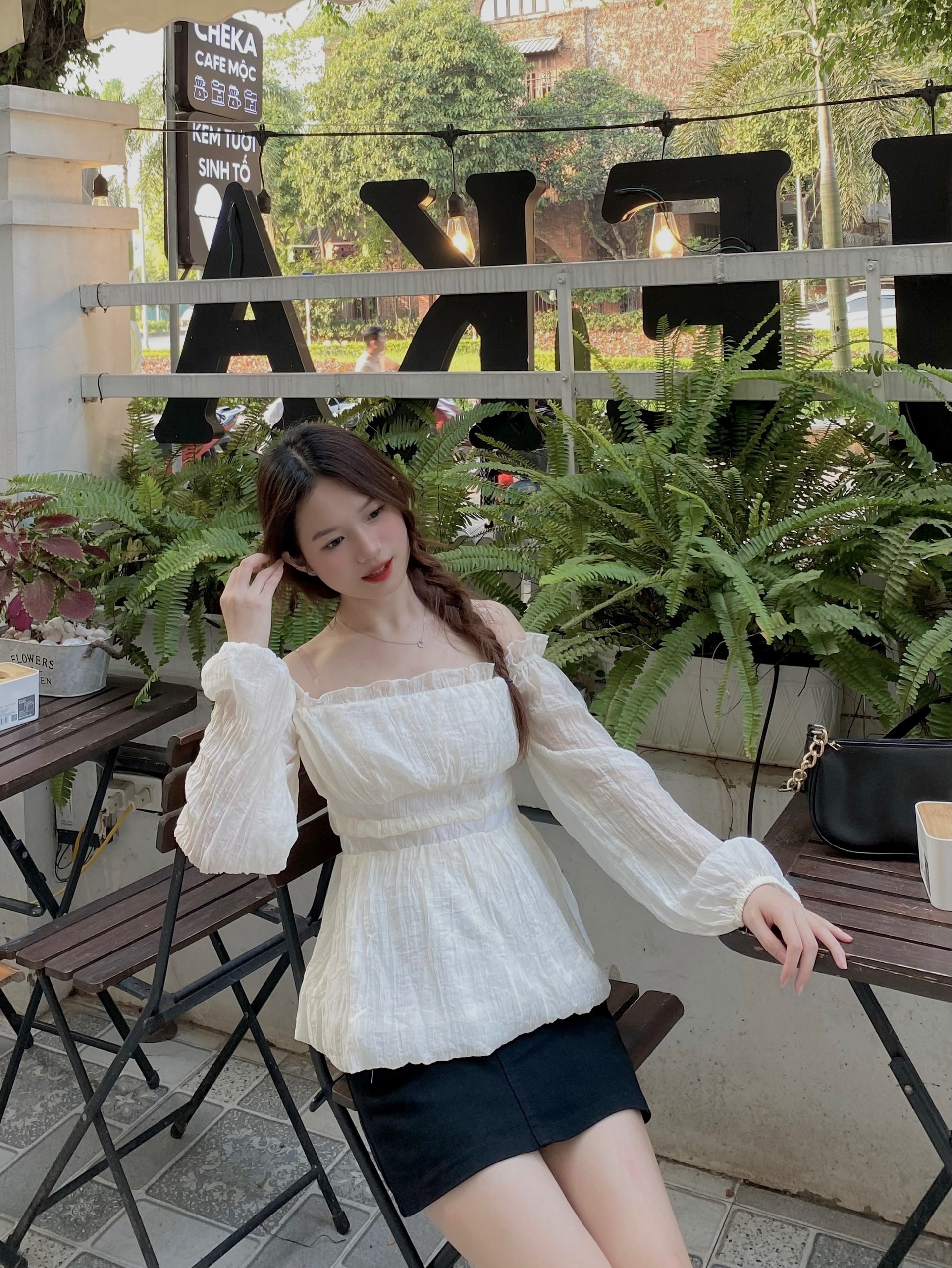Váy trễ vai dài tay phối somi trắng dáng ngắn đan ngực | Shopee Việt Nam