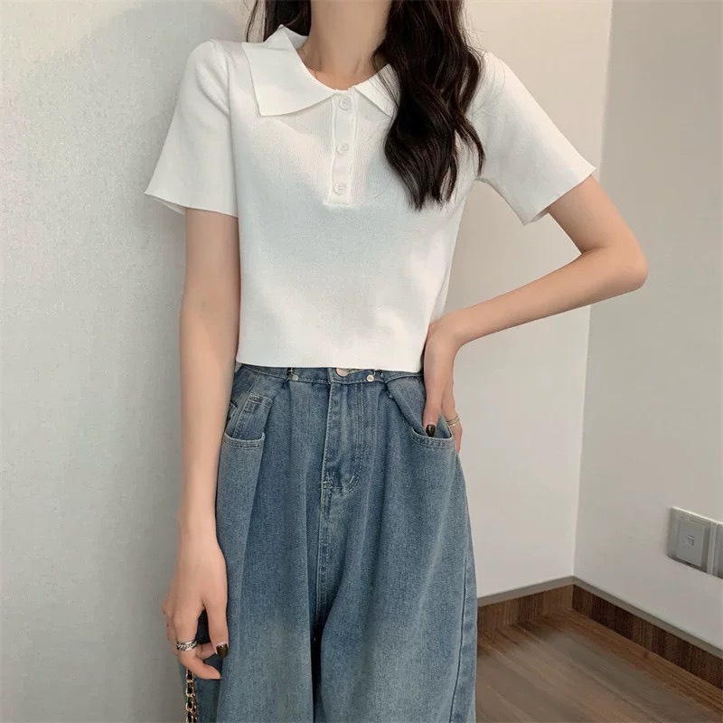Áo croptop nữ chất len dệt kim hàng Quảng Châu  AolenPolo_P0K9