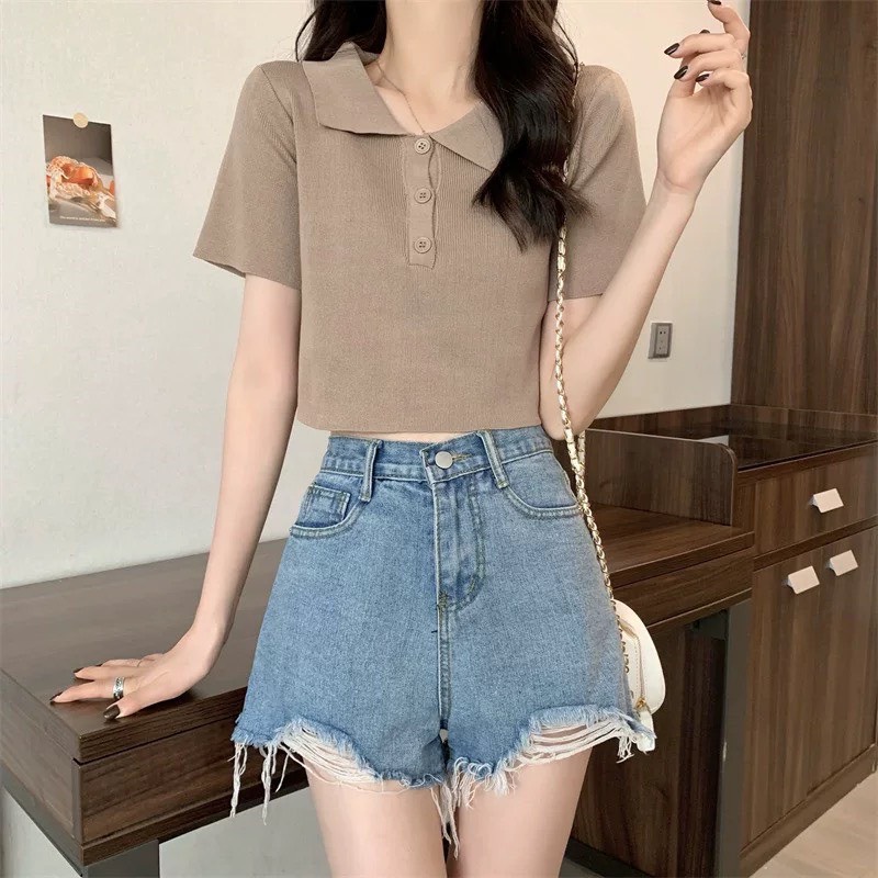 Áo croptop nữ chất len dệt kim hàng Quảng Châu  AolenPolo_P0K9