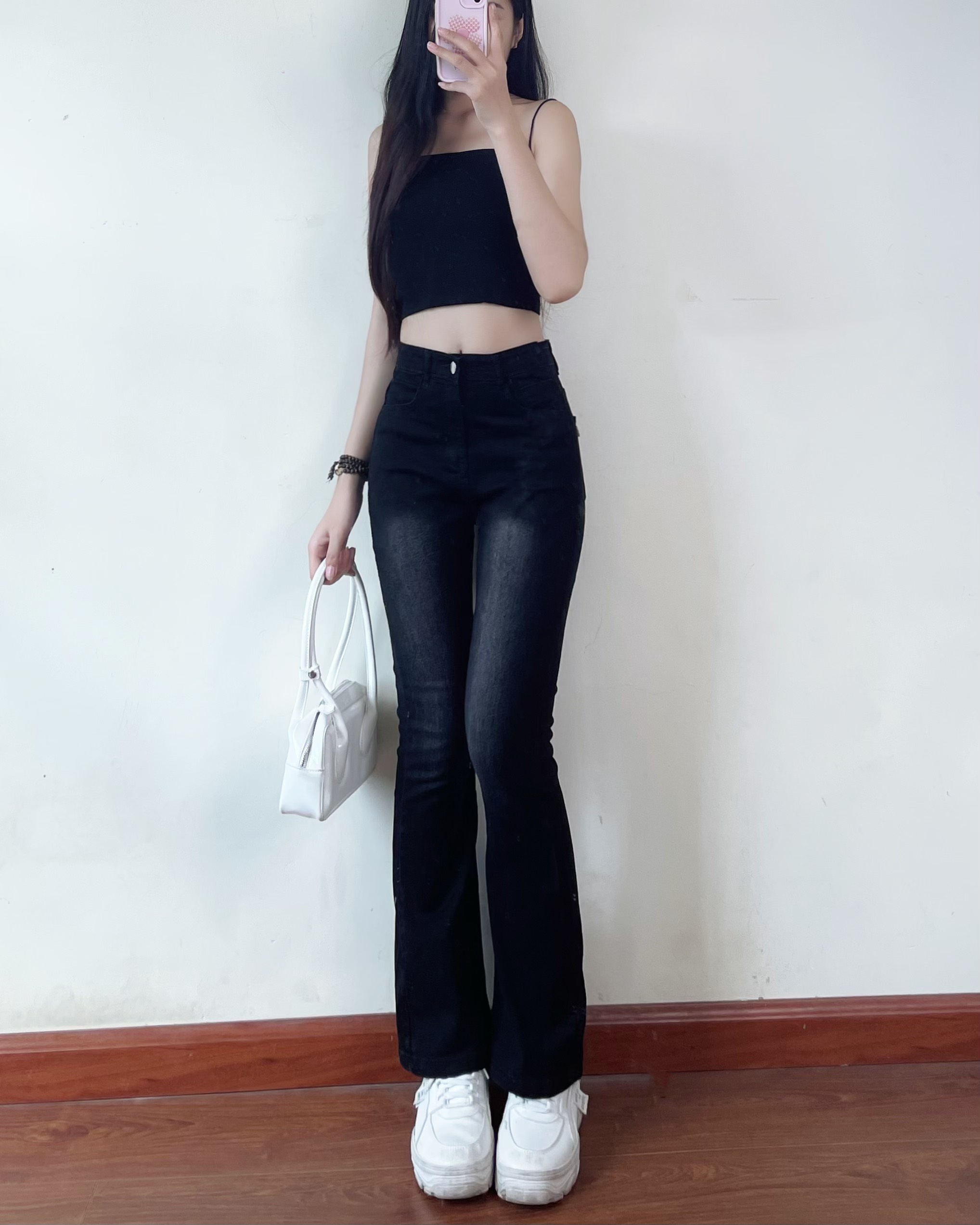 Quần JEANS ống loe co giãn thêu nơ túi sau Jeanloeno4438