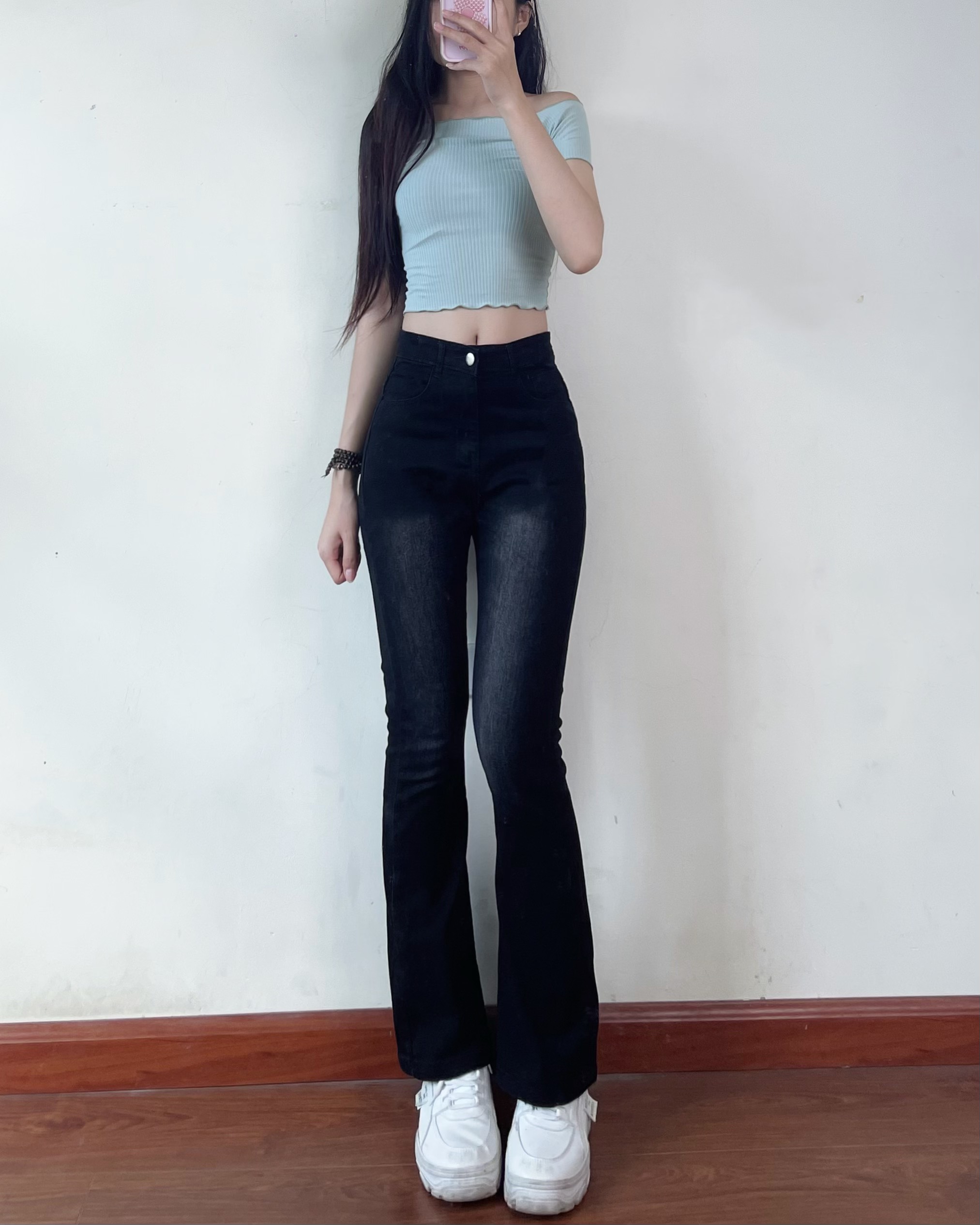 Quần JEANS ống loe co giãn thêu nơ túi sau Jeanloeno4438