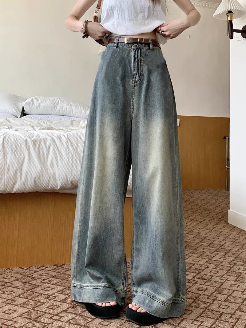 Quần jeans suông ống rộng màu xanh retro 