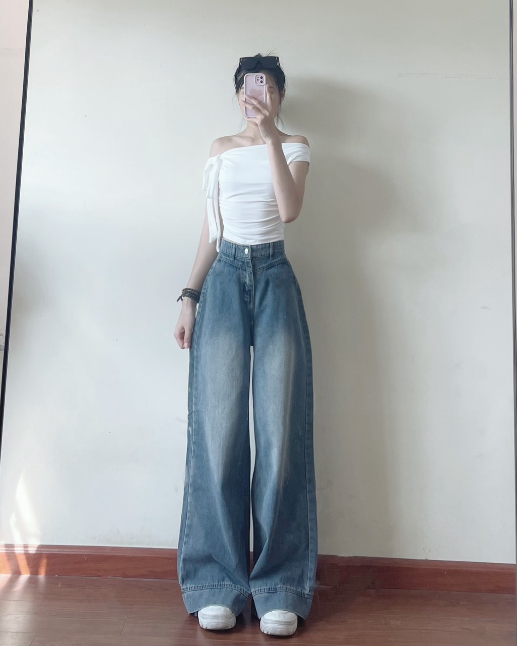 Quần jeans suông ống rộng màu xanh retro Jeangauto668