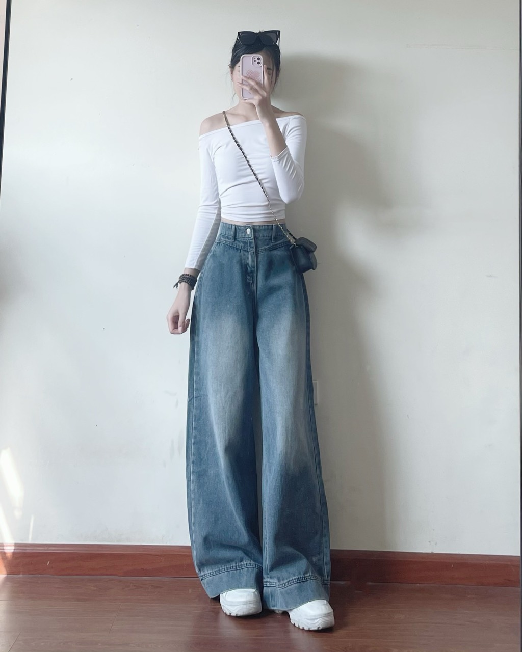 Quần jeans suông ống rộng màu xanh retro Jeangauto668