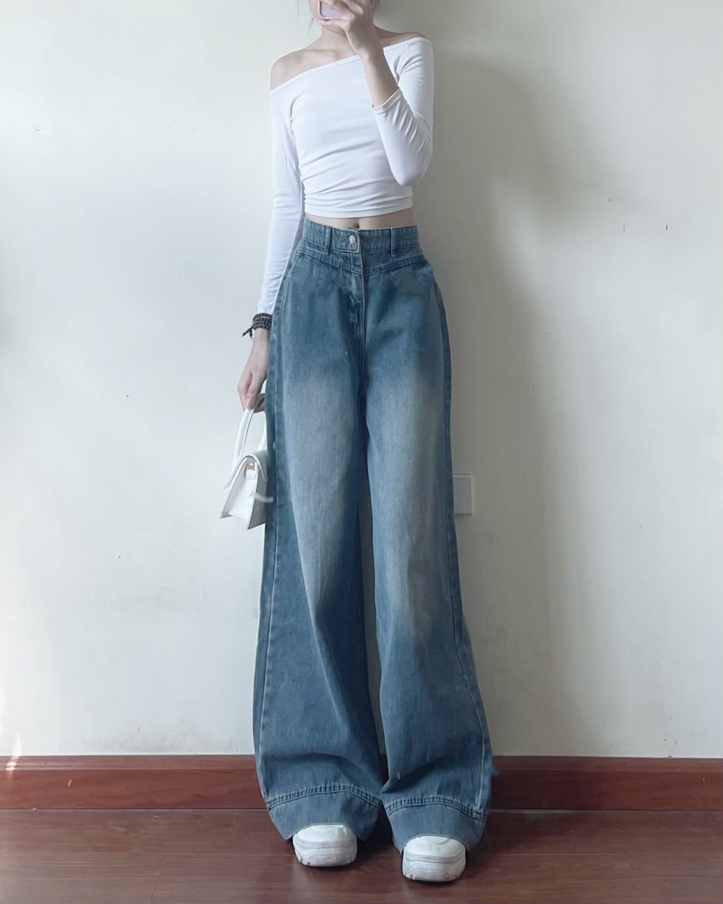 Quần jeans suông ống rộng màu xanh retro Jeangauto668