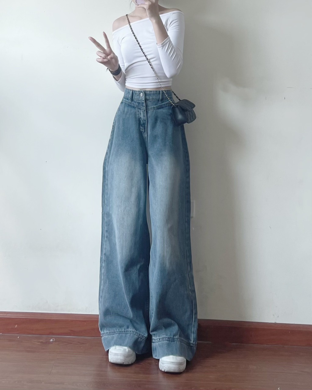 Quần jeans suông ống rộng màu xanh retro Jeangauto668