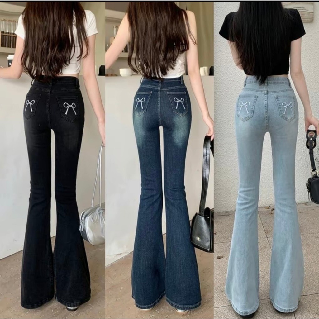 Quần JEANS ống loe thêu nơ túi sau Jeanloeno2468