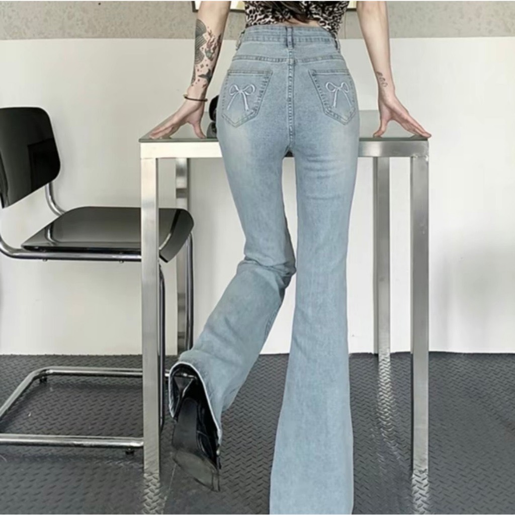 Quần JEANS ống loe thêu nơ túi sau Jeanloeno2468