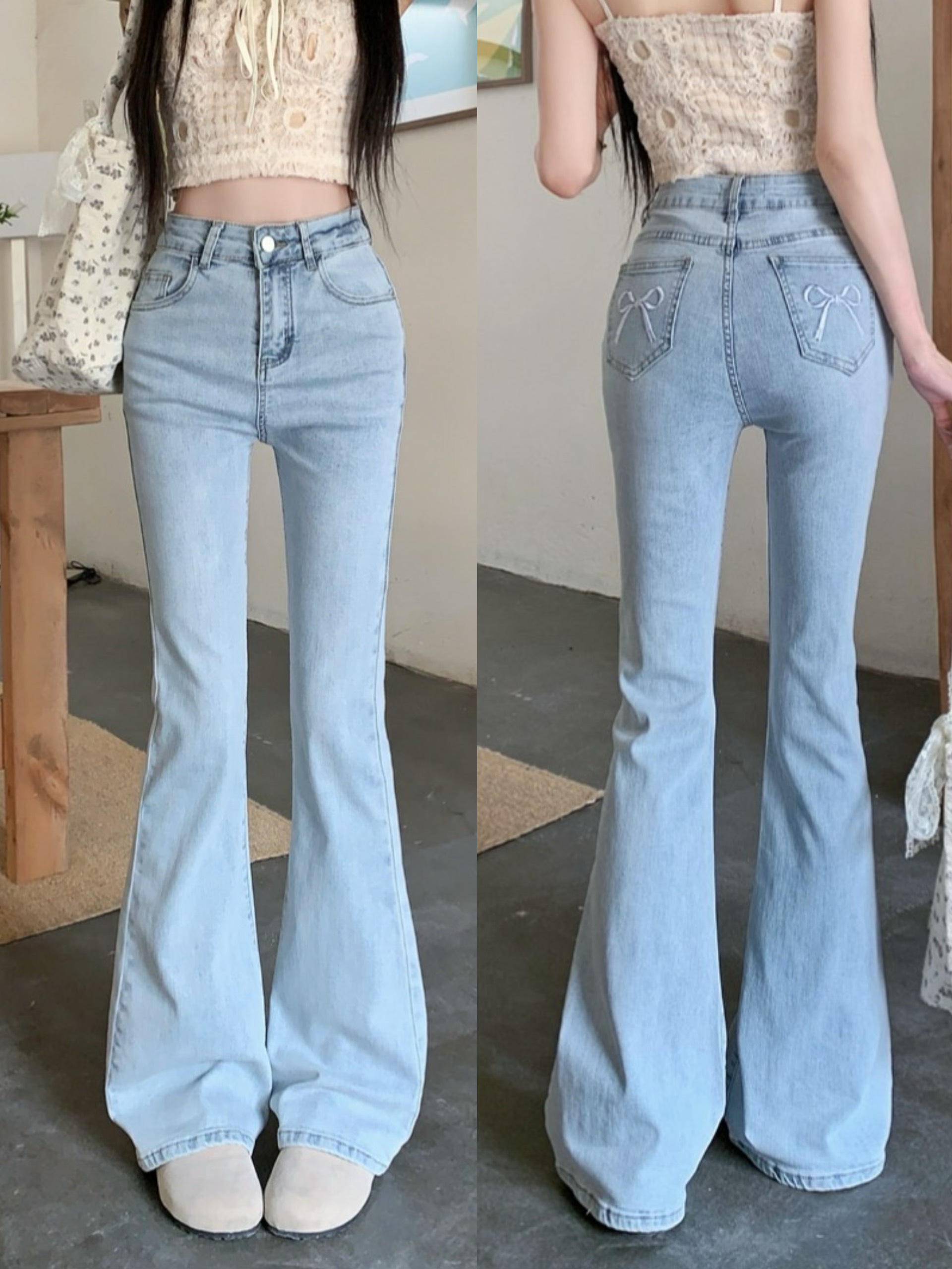 Quần JEANS ống loe thêu nơ túi sau Jeanloeno2468