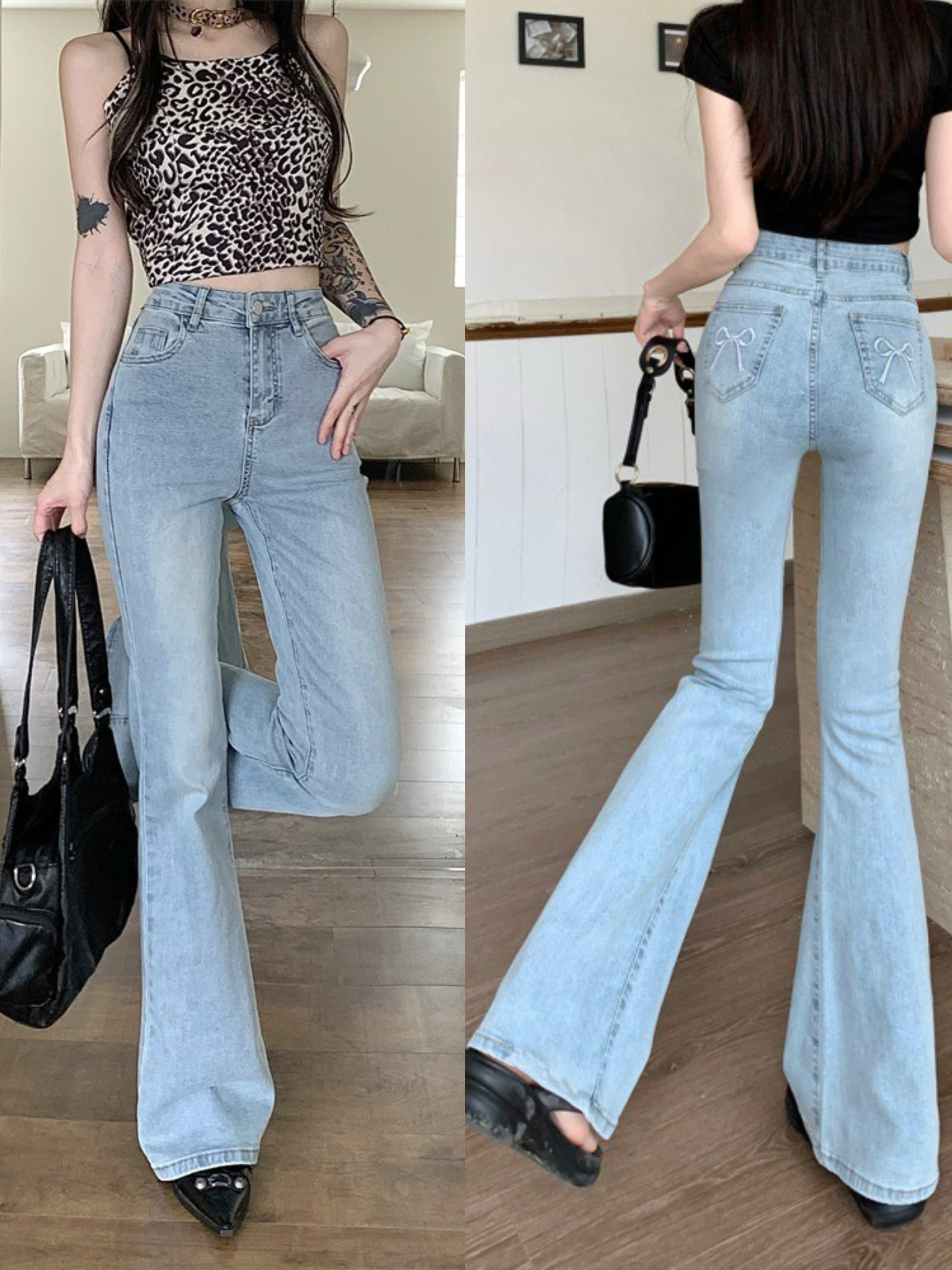 Quần JEANS ống loe thêu nơ túi sau Jeanloeno2468