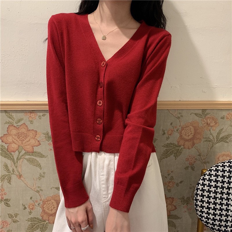 Áo khoác cardigan len nữ dệt kim kiểu cổ tim tay dài tay Cadigan038