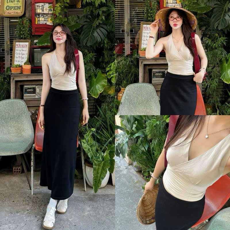 Áo croptop linen cổ yếm CRTA1579