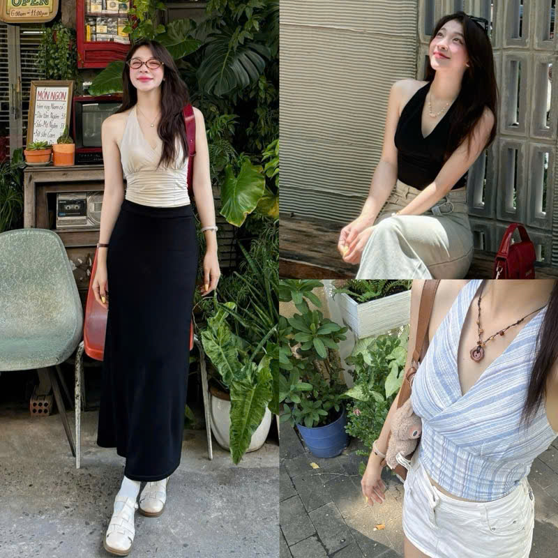 Áo croptop linen cổ yếm CRTA1579