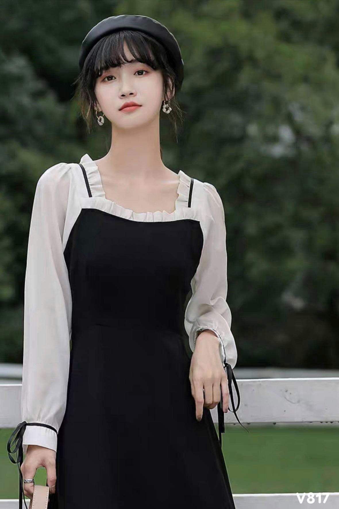 V014 Váy trắng yếm đen nơ ngực vintage công chúa đầm xòe cổ vuông 2 tầng  xẻ chân tay bồng dáng dài retro tiểu thư xinh  Shopee Việt Nam